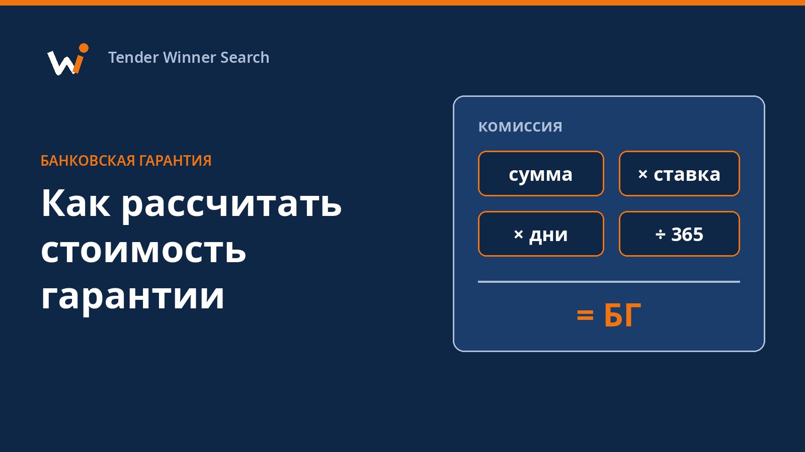 Формула комиссии за банковскую гарантию: сумма, умноженная на ставку и на дни, делённая на 365